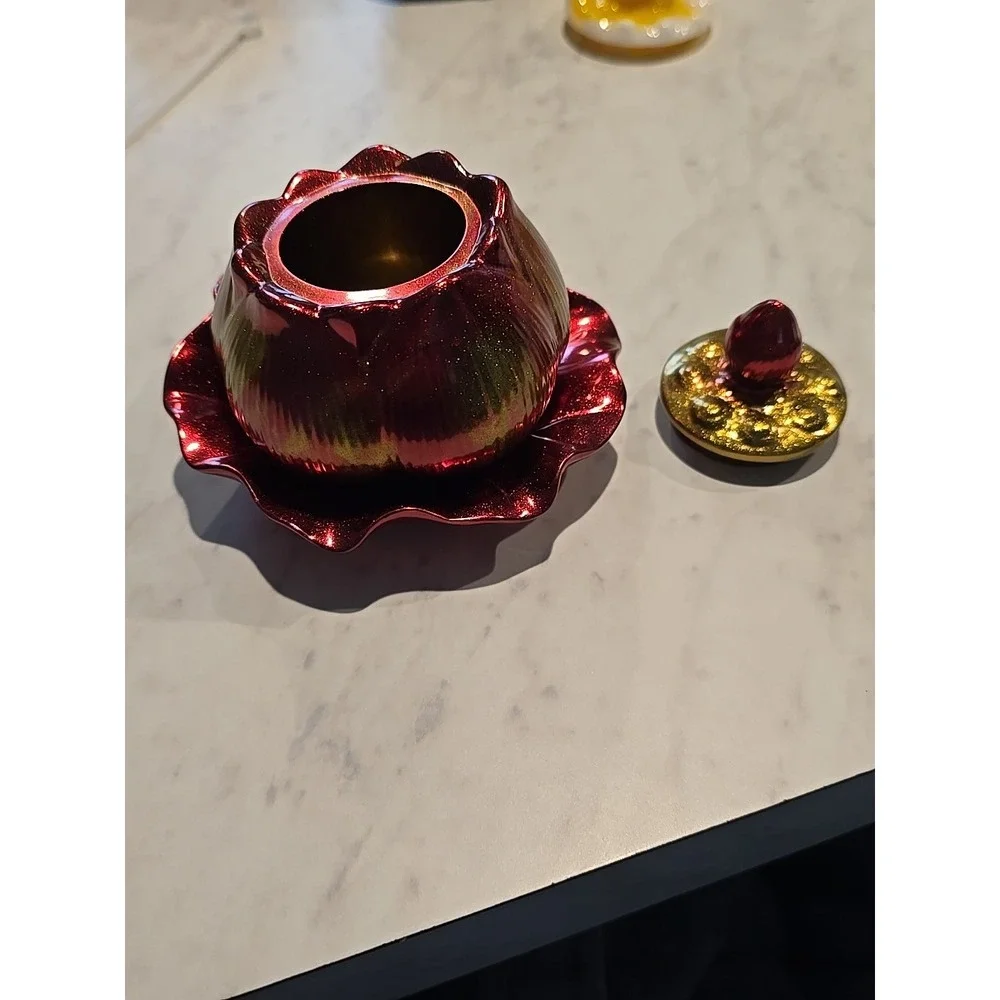 Resin Handmade Jar With Lid And Plate Holder Red Gold  Decoration Gift ‎ 625